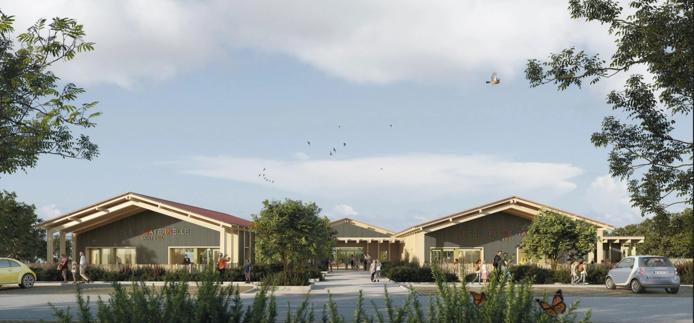Vue extérieure d’un groupe scolaire moderne et écologique, composé d’une école maternelle et d’une école élémentaire à structure en bois. L’architecture est chaleureuse avec des toits inclinés et une façade végétalisée. Des élèves et parents marchent vers l’entrée, entourés d’espaces verts, tandis que des voitures sont stationnées à proximité. Le ciel bleu avec quelques nuages et des oiseaux en vol ajoute une atmosphère paisible à la scène.